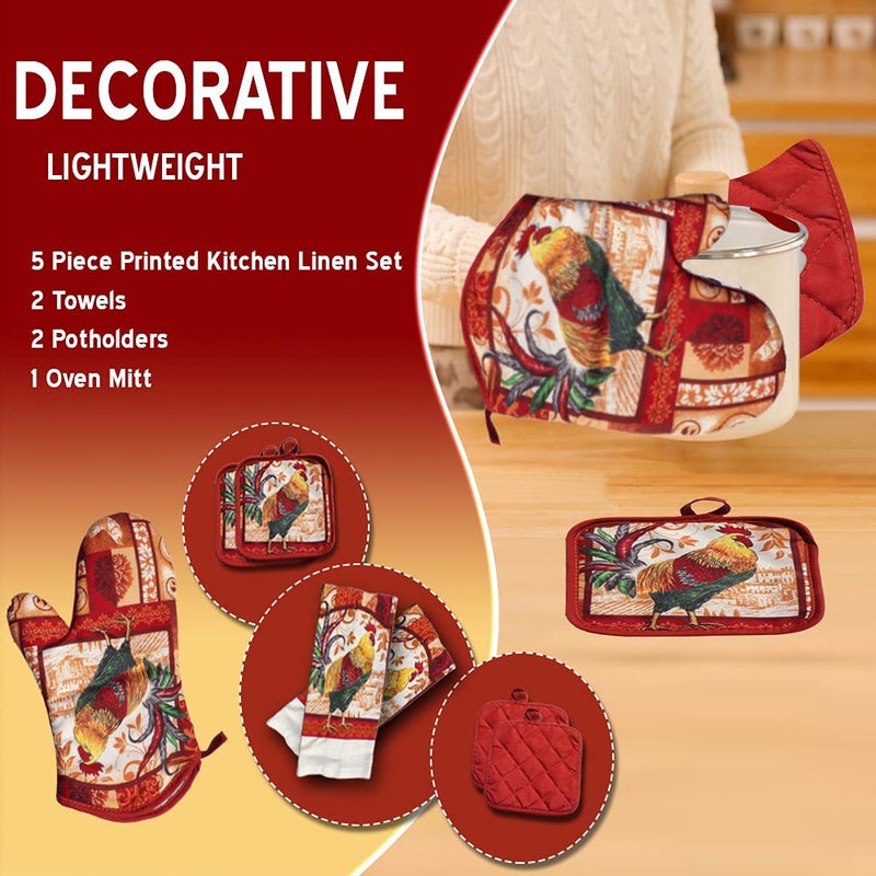 Lobyn Value Packs: Decorative & Functional Rustic Rooster Kitchen Set â€“ 5 Pieces, Perfect for Farmhouse DÃ©cor Set includes 2 Dish Towel 2 Pot Holders 1 Oven Mitt | Kitchen Towel Set for Daily Use - Image 2